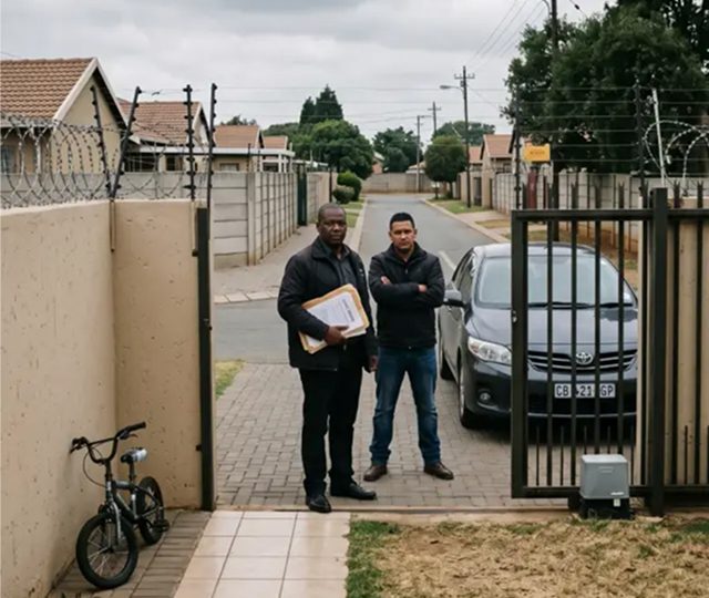Two intimidating debt collectors at the gate of a house